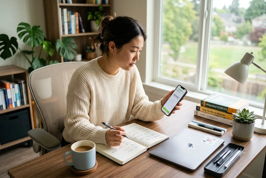 Student learning the Duolingo Korean language course on a smartphone