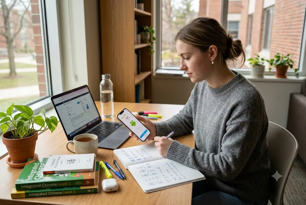 Student using the Duolingo Mandarin course to learn Chinese on a smartphone