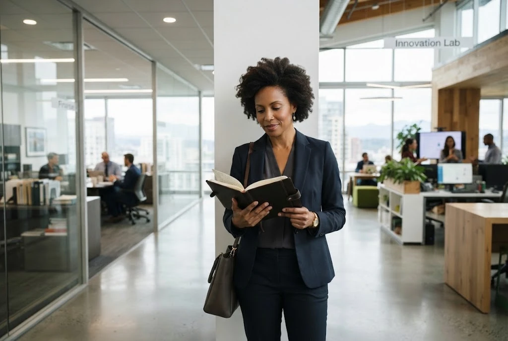 Professional planning a career change over 40 in a modern workplace